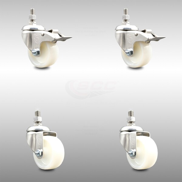 Service Caster 3 Inch 316SS Nylon Wheel Swivel 1/2 Inch Threaded Stem Caster Lock Brake SCC, 2PK SCC-SS316TSTTL20S314-NYS-121315-2-S2 - main